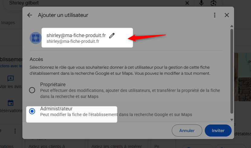 Ajout de l'adresse email avec le rôle administrateur