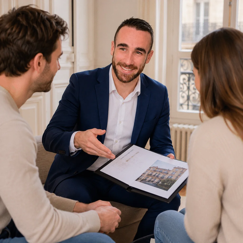 Conseiller immobilier présentant un dossier de vente à un couple, dans un salon parisien