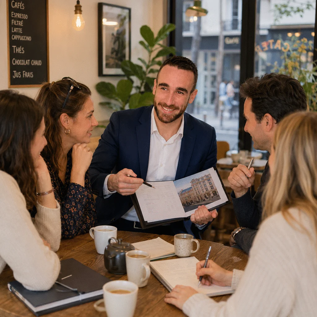 Conseiller immobilier animant une réunion autour d'une table de café avec quatre personnes