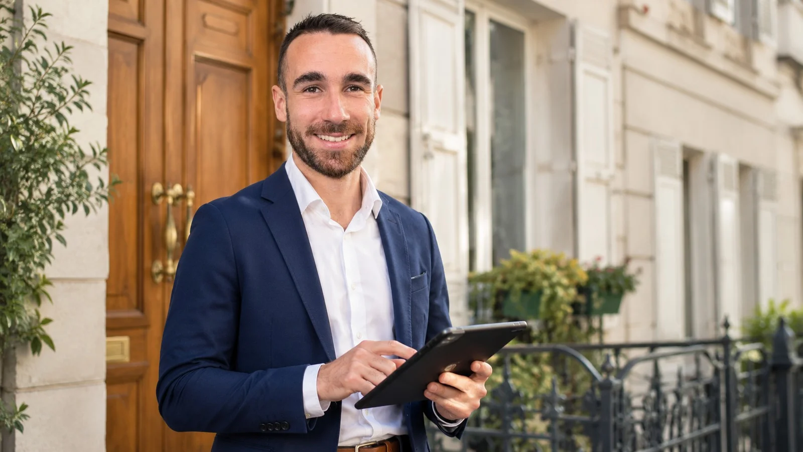 Conseiller immobilier en costume, tablette en main, devant un immeuble haussmannien parisien
