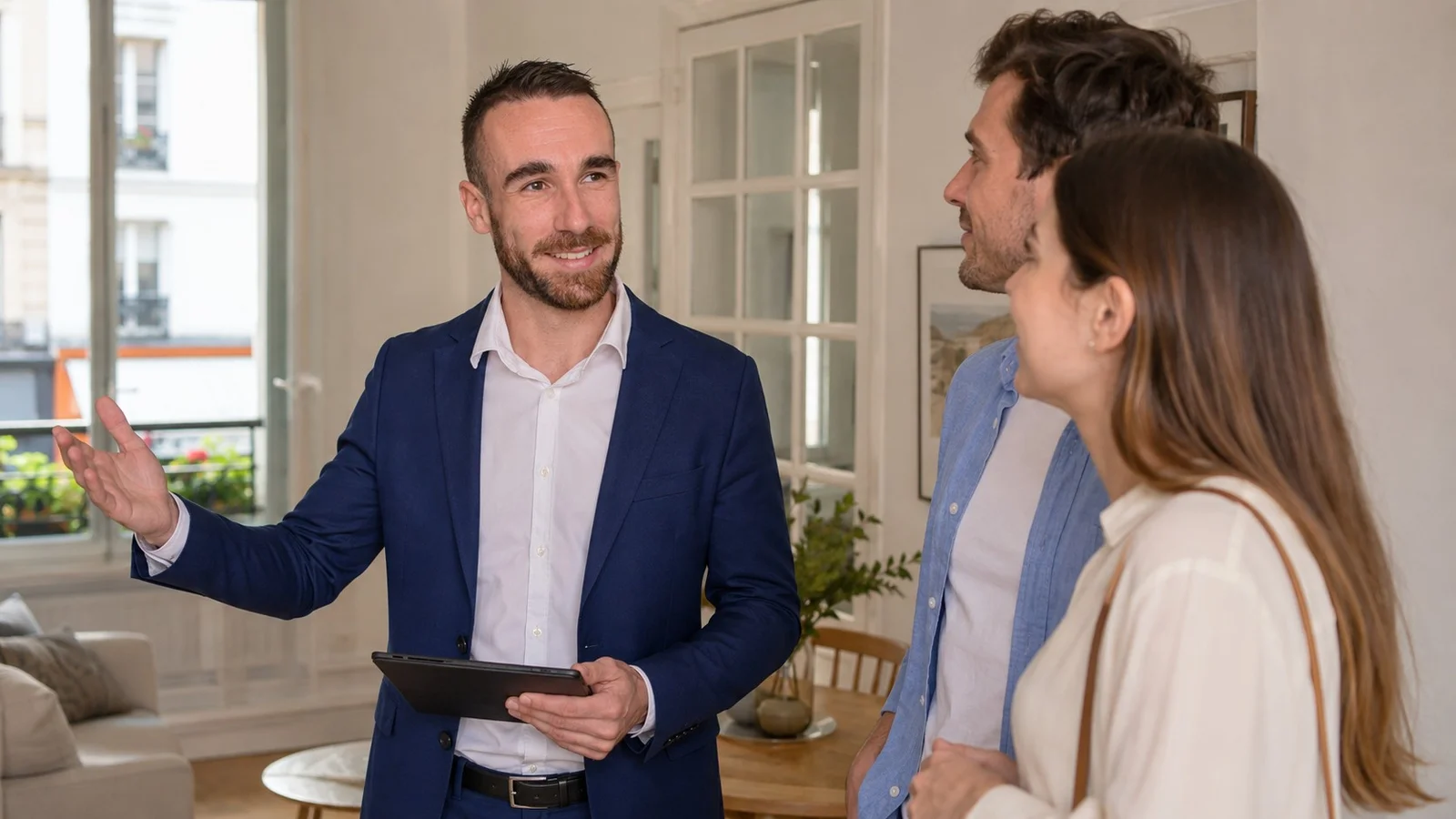 Conseiller immobilier faisant visiter un appartement parisien à un couple d'acquéreurs