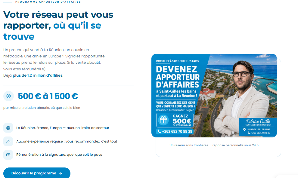 Haut de la page apporteurs d'affaires : promesse, rémunération de 500 à 1 500 euros, conditions et visuel de campagne.