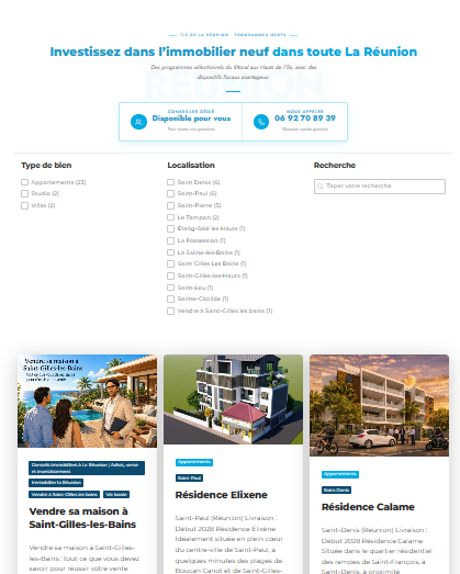Page immobilier neuf : filtres par type de bien et par localisation, puis grille des programmes.