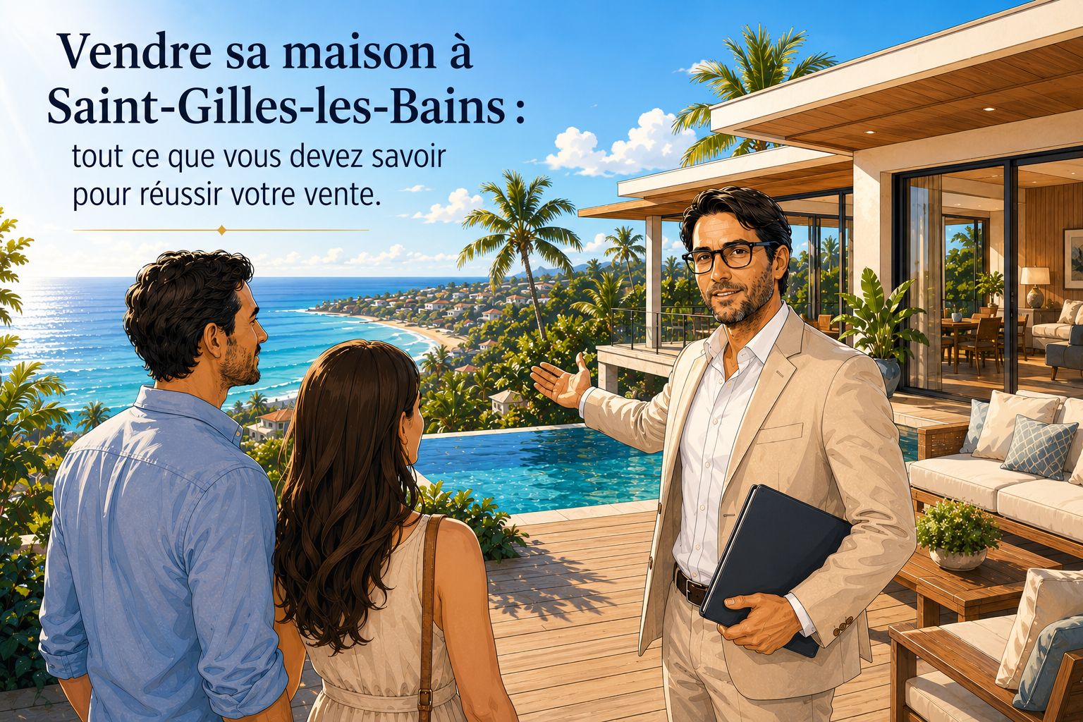 Un conseiller en immobilier présente une villa avec vue sur le lagon à un couple, à Saint-Gilles-les-Bains.