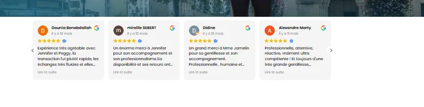 Carrousel d'avis clients cinq étoiles affiché sur le site de la conseillère.