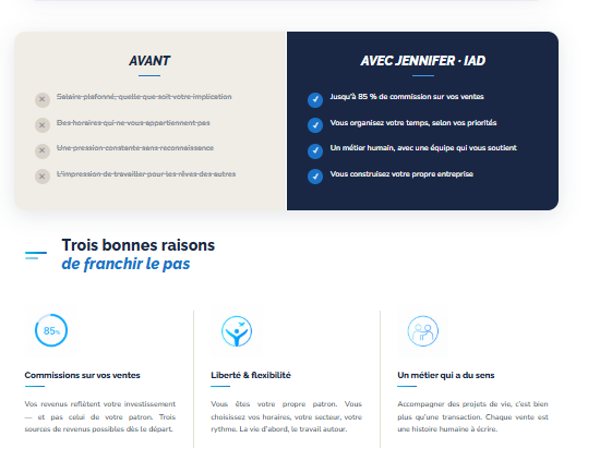 Comparatif en deux colonnes sur la page : avant, et avec Jennifer chez iad.