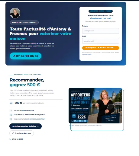 Capture du site : bandeau d'inscription à la newsletter locale et bloc du programme apporteur d'affaires à 500 euros.