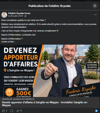Publication Facebook du 29 août invitant à devenir apporteur d'affaires, avec le lien vers la page du site.