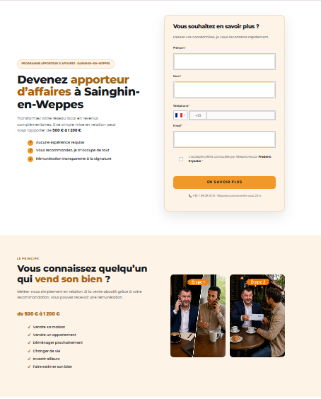 Haut de la page apporteurs d'affaires : promesse de rémunération et formulaire de contact avec case de consentement.