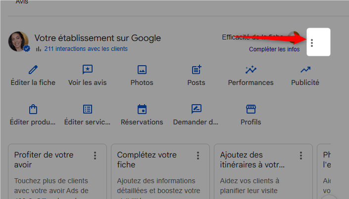 Les trois points verticaux dans le panneau de gestion de la fiche Google