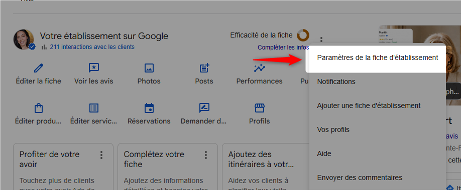 Le menu Paramètres de la fiche Google