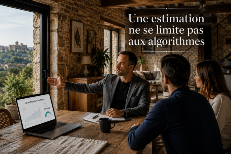 Frédéric Renzini explique à un couple pourquoi une estimation ne se limite pas aux algorithmes
