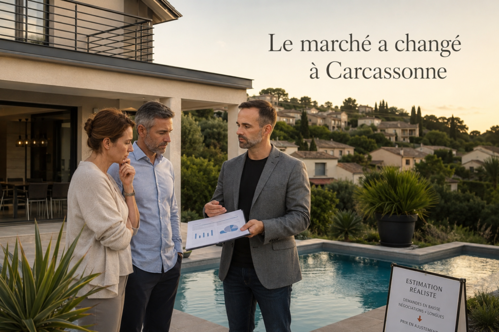 Frédéric Renzini présente une analyse de marché à un couple devant une maison avec piscine à Carcassonne