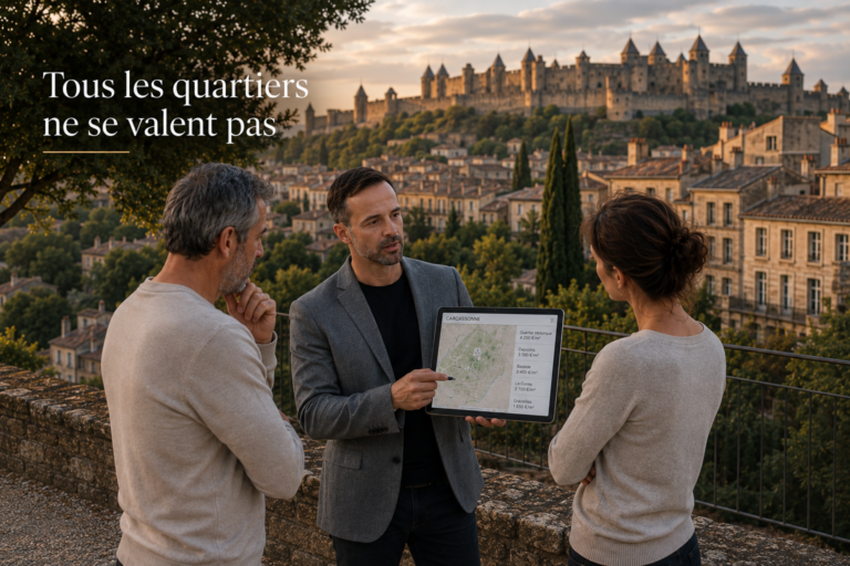 Frédéric Renzini montre une carte des quartiers de Carcassonne à un couple, face à la Cité médiévale