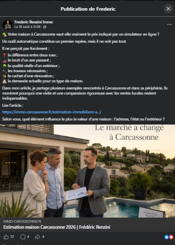 Publication Facebook de Frédéric Renzini partageant son article, avec 57 réactions, 4 commentaires et 4 partages