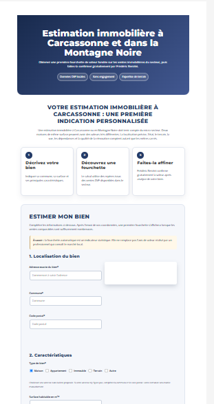 Page du formulaire d'estimation avec ses trois étapes et ses champs de localisation